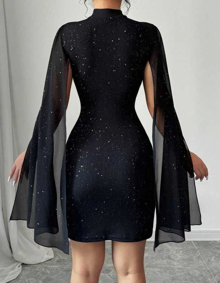 Sexy Elegant Evening Party Dresses Round Neck Pit Stripe Pearl Chiffon Cape Sleeve Wrapped Hip Dress New Fashion 2025 Casual Z250728