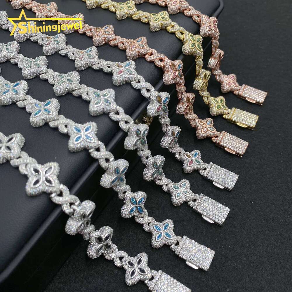Colorful Marquise Flower Design 15mm Custom Iced Out Hip Hop Jewelry Cuban Link Chain Sier VVS Moissanite Bracelet