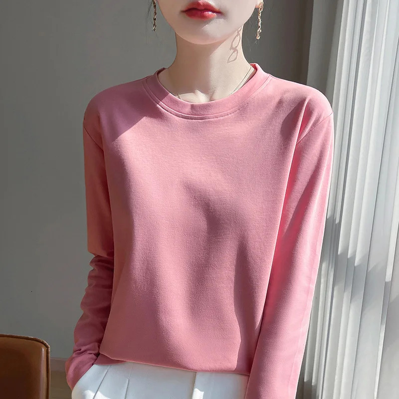 100% Cotton Bottoming Tshirt Womens Round Neck Loose Long Sleeve Mercerized for Spring and Summer 250729