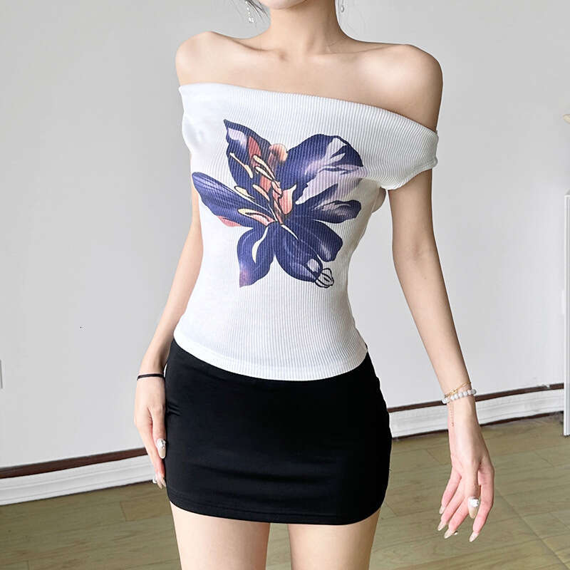 sxzy Color-Block Floral Print Off-Shoulder Short Sleeve T-Shirt for Women 2025 Summer Design Slim Fit Hot Girl Knitted Crop Top