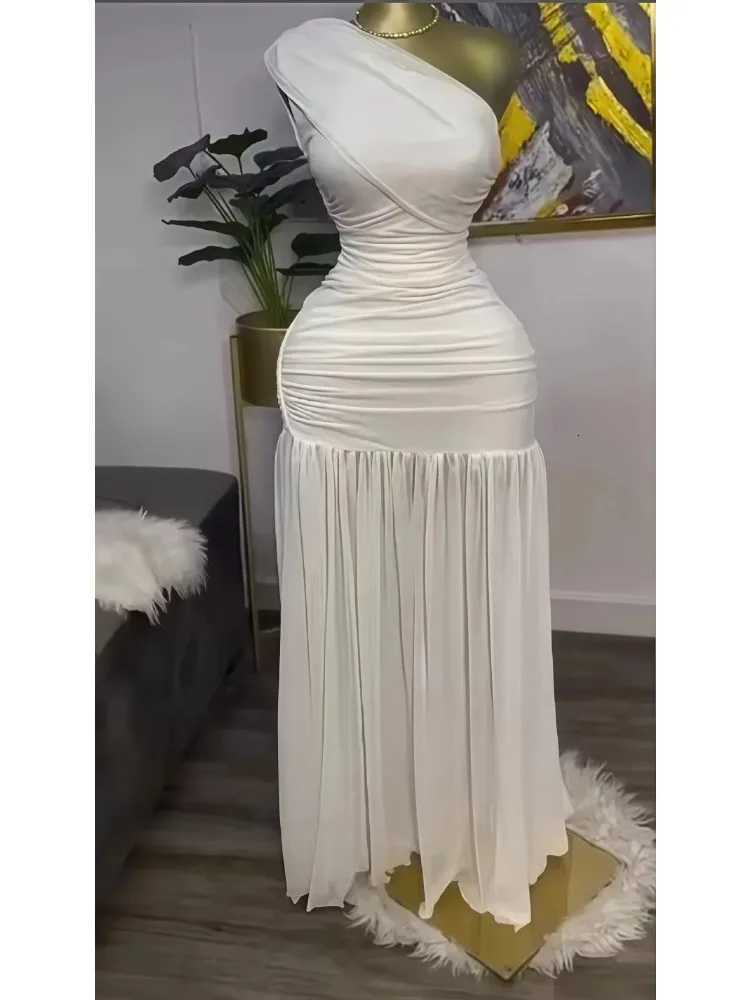 2025 Women One Shoulder Skew Neck High Split Pleated Hem Bodycon Long Maxi Dress Evening Sexy Club Party Dresses Vestido Z250728