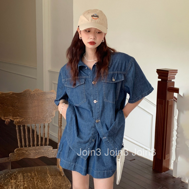 Summer New Casual Washed Denim Two-Piece Set Short Sleeve Shirt Top vs Shorts Set for Women