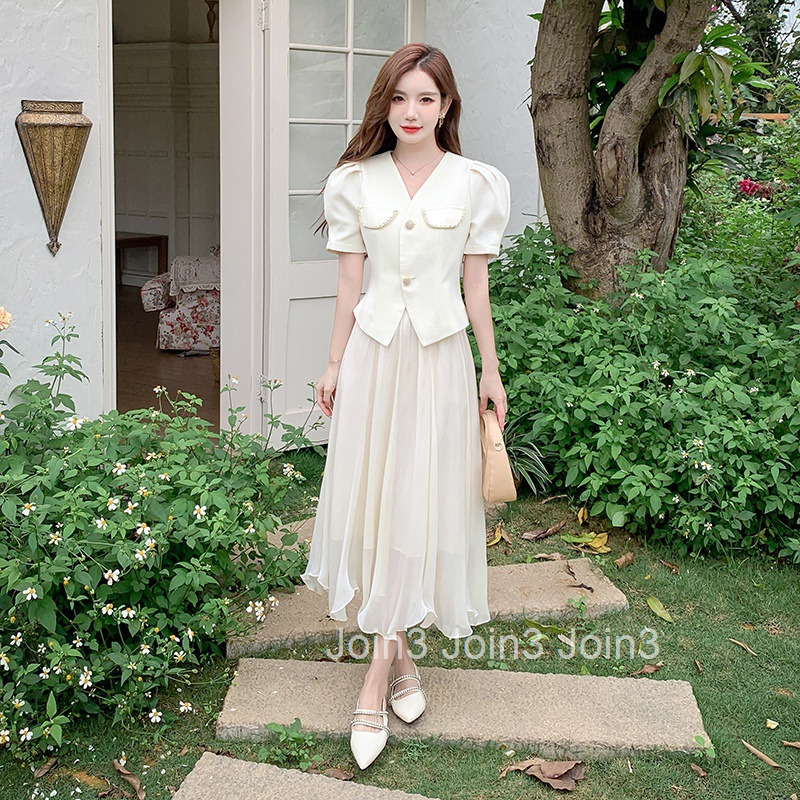 New Summer Womens Fashion Elegant Two-Piece Set Short Sleeve Top Shirt + Chiffon Long Skirt Set