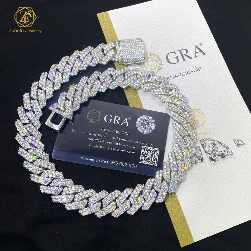 Hiphop Iced Out Cuban Chain VVS Moissanite 2 Rows Gold Cuban Necklace 925 Sterling Silver Diamond Moissanite Cuban Link Chain