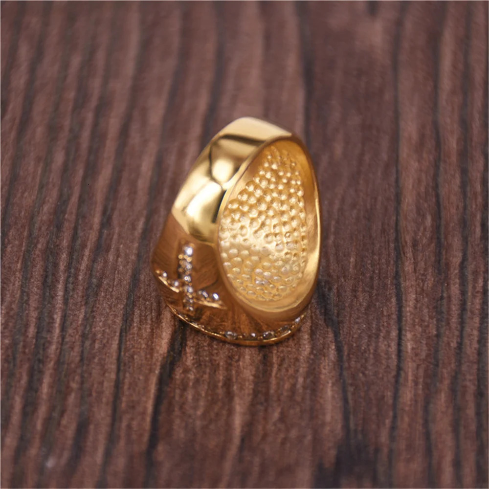 Hip Hop Iced Out Jesus Cross Ring Male Gold Color Stainless Steel Cubic Zirconia Christian Rings For Men Religious Jewelry Gift 250729