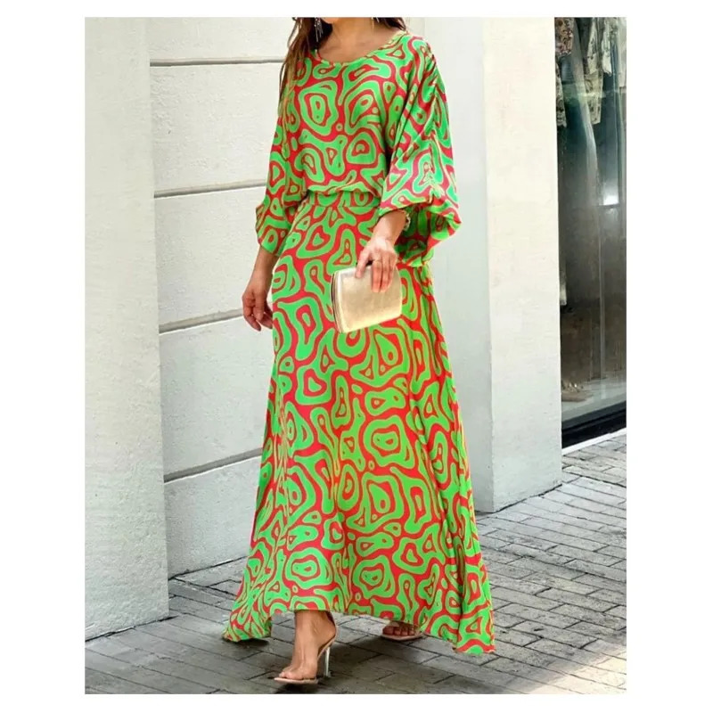 Holiday Printed Shirt And Long Skirt 2-piece Set Half Sleeved Top And Large Pleated Skirt Womens Flared Sleeve Skirt Set Suit 250728