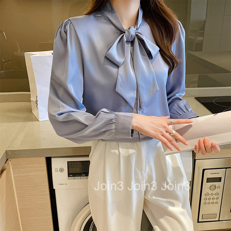 Spring and Autumn Socialite Satin Bowknot Shirt Womens Base Layer Niche Professional Elegant Top Blouse Women