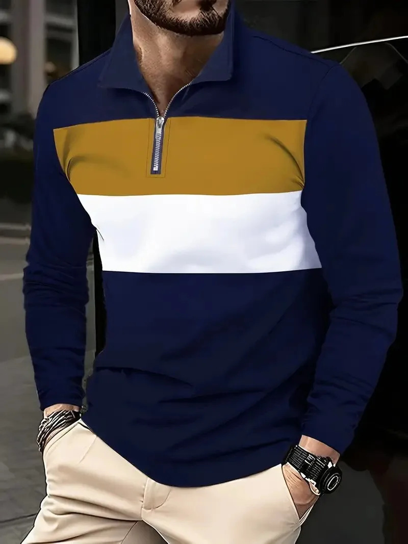 Retro Fashion Mens Zippered Collar Long Sleeve Pullover 250729