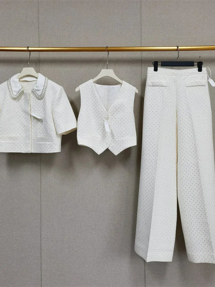 Women Pearl Decoration Tweed ThreePiece Set Short Sleeve Cardigan Shirt Sleeveless Vest Outerwear or Long Pants 250729