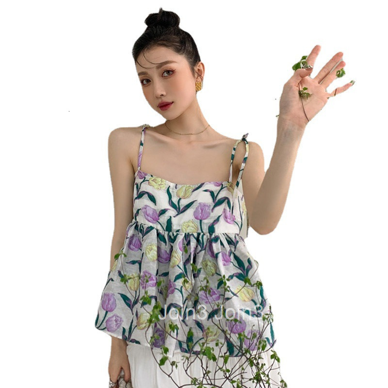 Fashionable Elegant Camisole for Women Summer French Jacquard Fresh Top Ruffled Puffy Sexy Tank Top Internet Celebrity Book