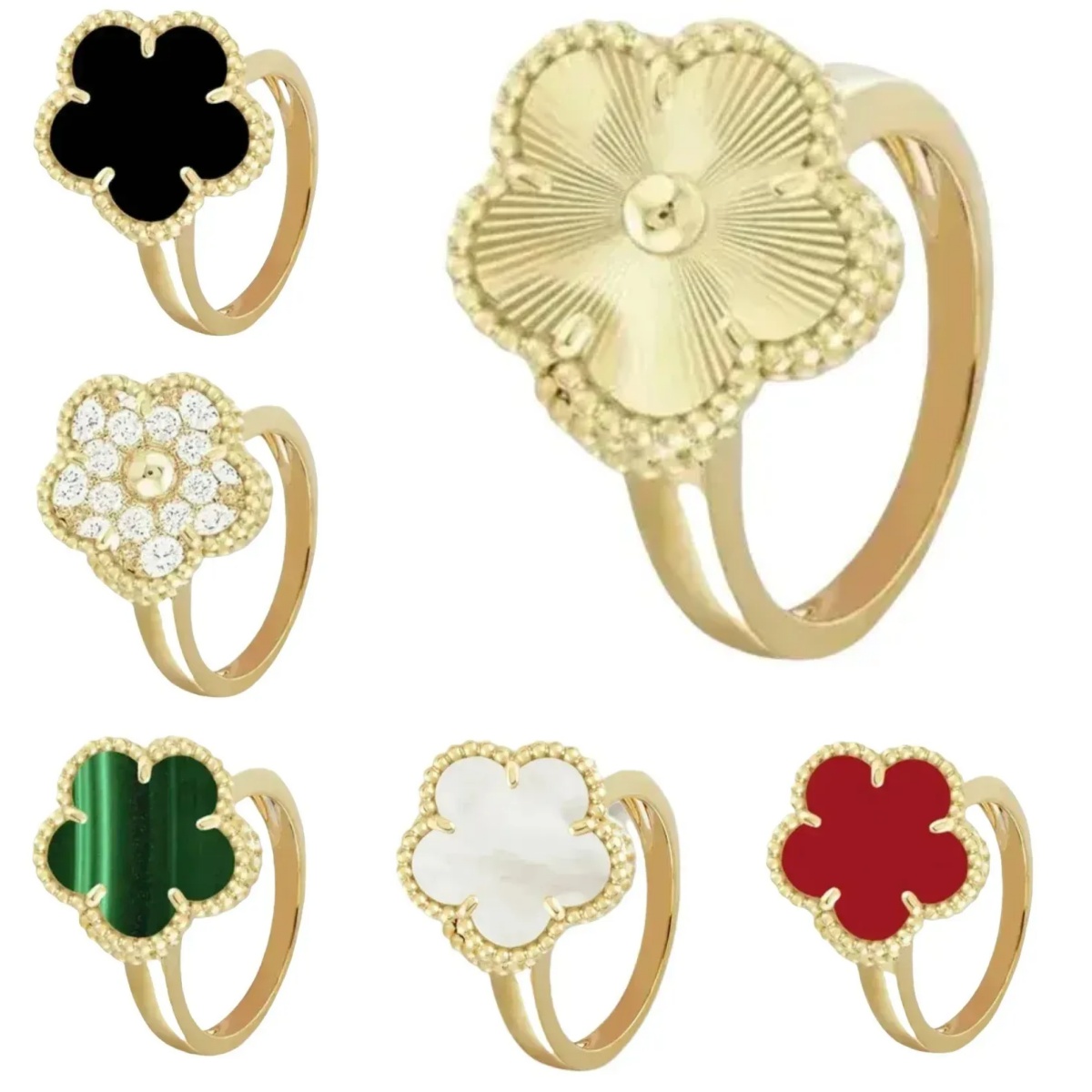 Luxury Gold Ring Designer Rings Women Jewelry Flower Mother of Pearl White Black Red Lady Designer For Women Classic Wedding Gift Four Clover Ring Necklace Jewellery
