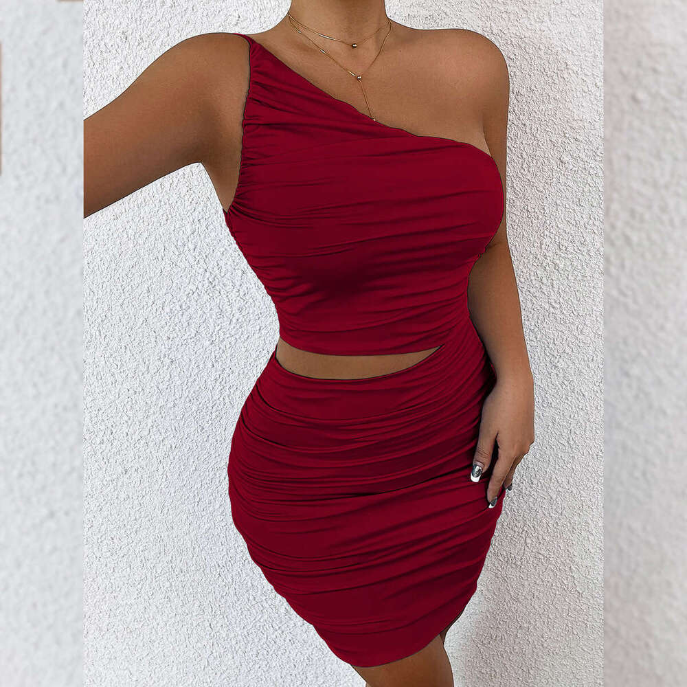 New Women's Fashion Single Shoulder Ruched Solid Color Hollow Out Bodycon Sexy Dress B5