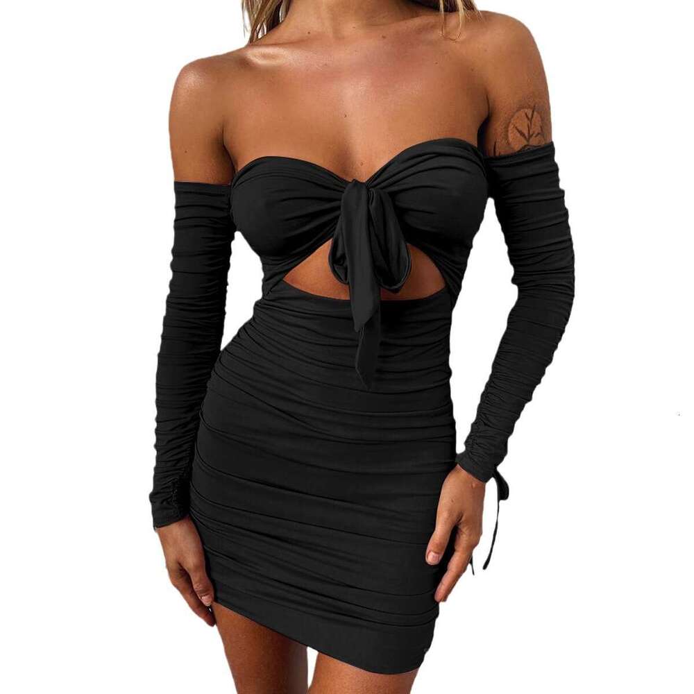 Women's Strapless Off-Shoulder Long Sleeve Tie Pleated Sexy Dress B5