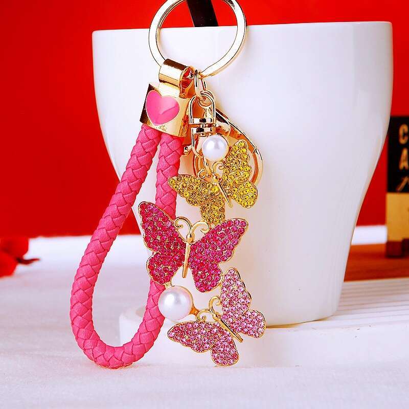 Inlaid Diamond Pearl Butterfly Car Women's Bag Pendant Keychain Metal Insect Ornament Gift