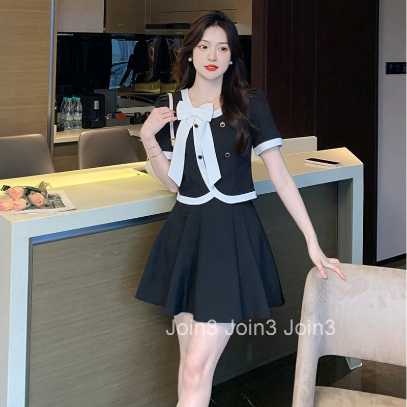 Summer New French Style Small Fragrance Lace-Up Bow Collar Cardigan Short Sleeve Top High Waist Skirt Set