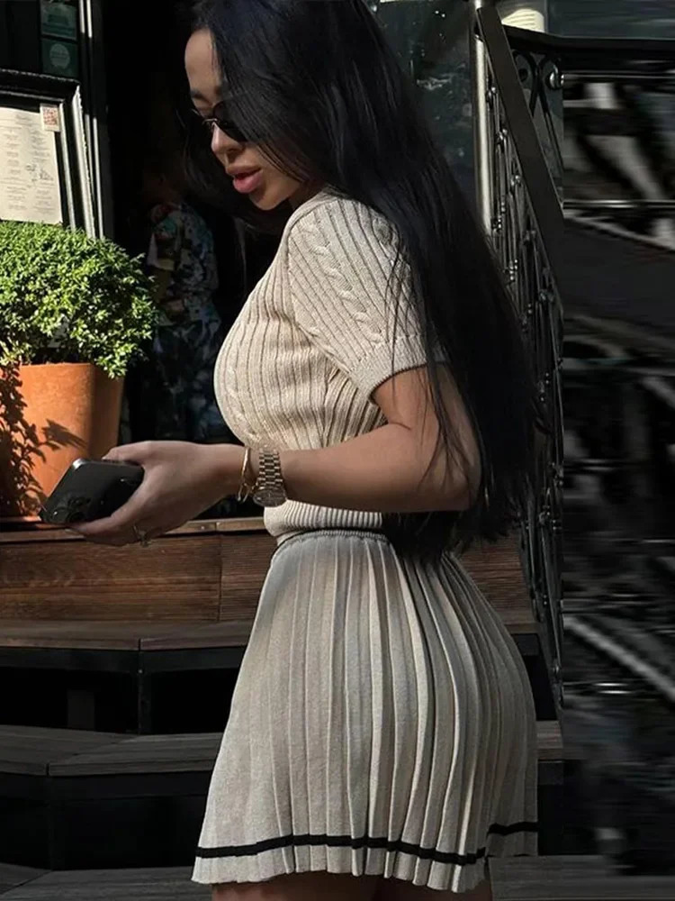 2 Pieces Knitted Sweater Pleated Skirt Sets for Women Striped Short Sleeve Twist Oneck Pullover Mini High Waist Skirts Suits 250729