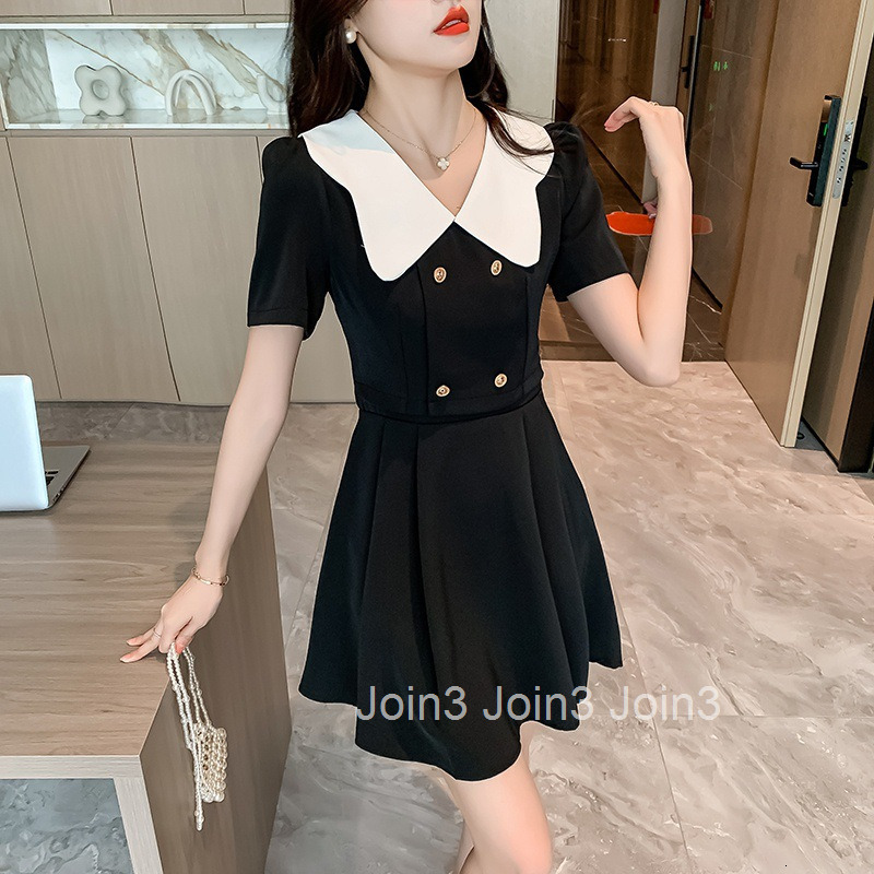 Summer New French Style Double-Breasted Doll Collar High-Waisted Slim Short-Sleeve Dress Midi Skirt