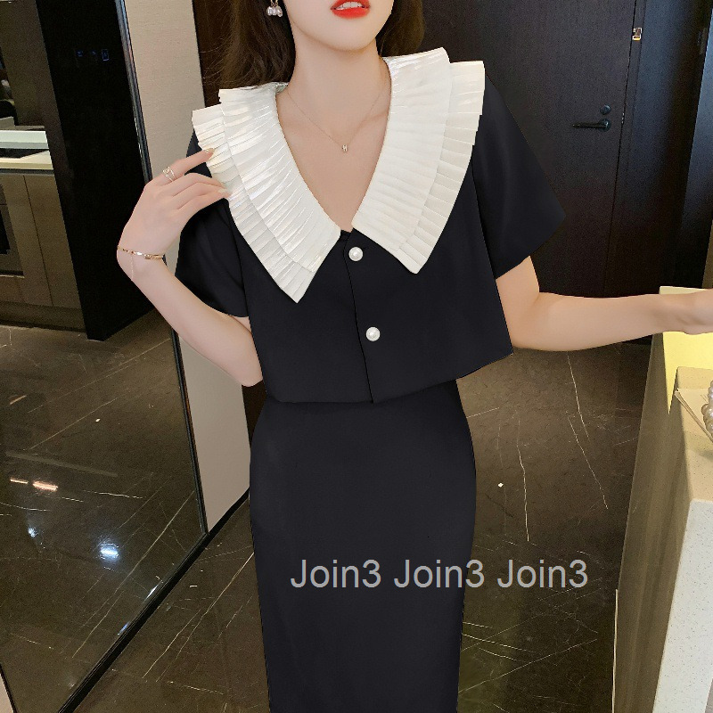 Summer New Womens Fashion Small Fragrance French Slim Lapel Short Sleeve Shirt Top+Half length Midskirt Set