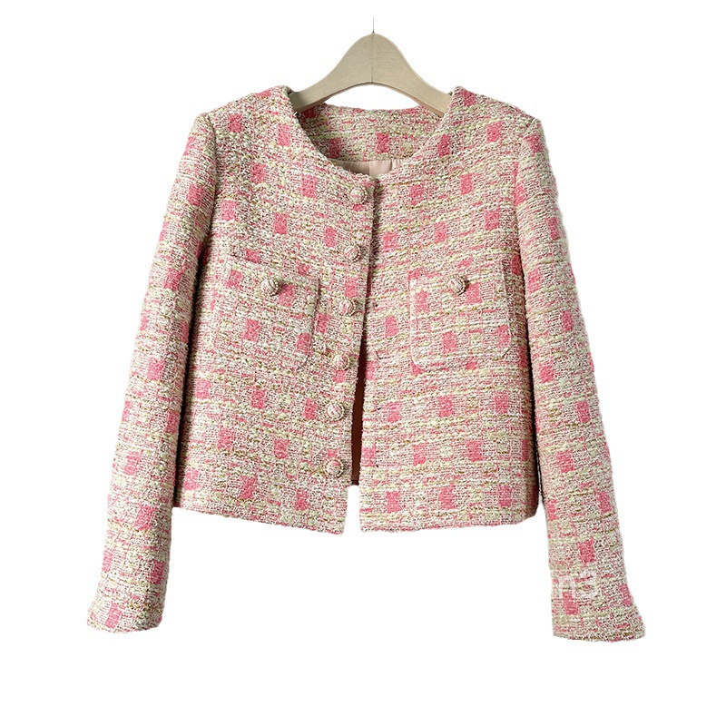 Autumn Winter New Fashionable Elegant Slimming Top Women Round Neck Single Breasted French Style Short Coat Women