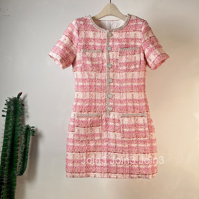 Summer New Slim Fit Elegant Short Sleeve Dress Fashion Single Breasted Round Neck Short Dress Bodycon Dress