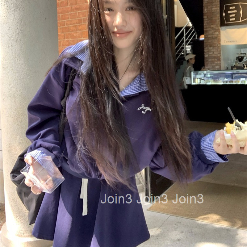 Autumn Winter New Embroidered Patchwork Fake Two-Piece Casual Sports Long Sleeve Top Sweatshirt Half Skirt Set