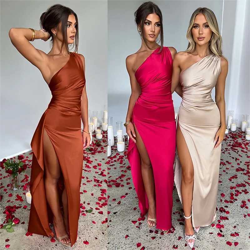 Sexy One Shoulder Satin Long Dress for Women Summer Sleeveless High Split Backless Party Evening Dresses Elegant Cocktail Dress Z250728