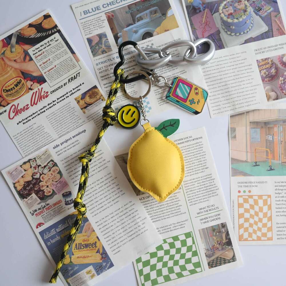Fruit Lemon PU Leather Lanyard Women's Bag Pendant Game Console Smiley Face Charm Fresh Keychain