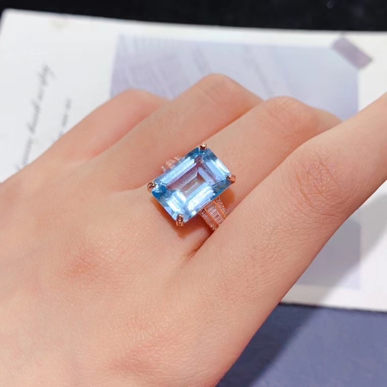 Light Blue Topaz Ring for Engagement 10mm*14mm 6ct Natural Topaz Wedding Ring Keep Shining 3 Layers 18K Gold Plated Silver Jewelry