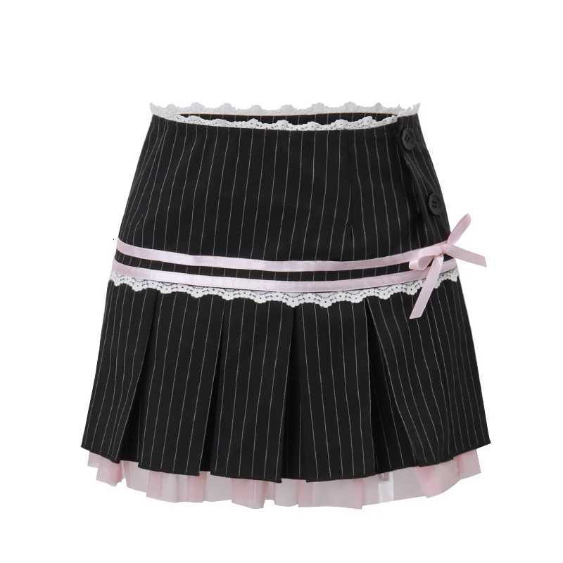 2024 Summer Fashion Style Stripe Print Mini Skirt Aesthetic Lace Pleated Patchwork Skirts Streetwear Sweet High-waist Dress R250728