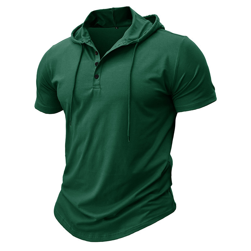 Mens Outdoor Sports Fitness Hooded Short Sleeve T-Shirt American Style Hooded Henley Shirt Mens Top