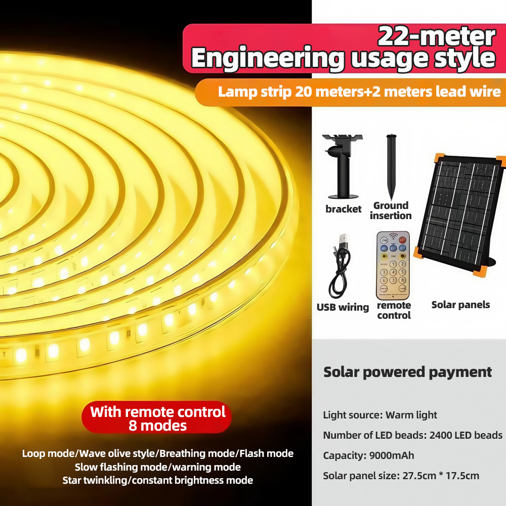 Solar Strip Self-Adhesive Waterproof Courtyard Villa Atmosphere Outdoor Super Bright LED Line String Flashing Light