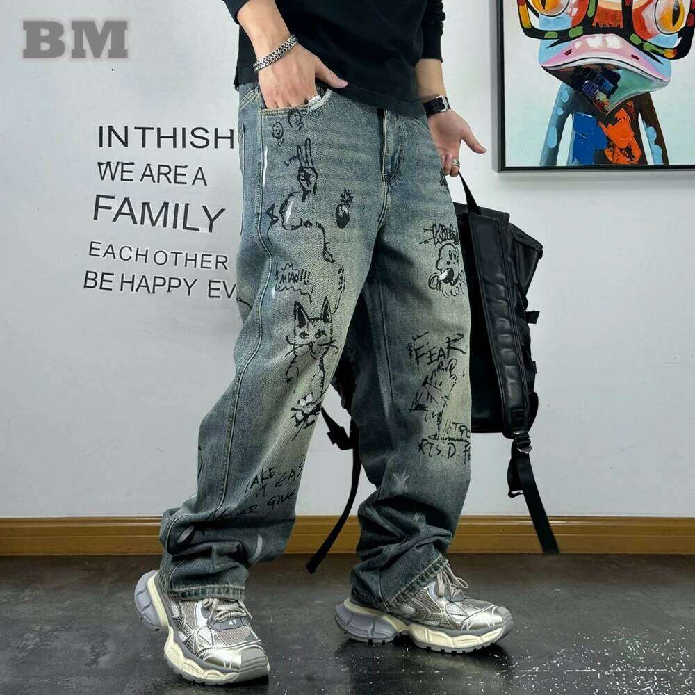 American Streetwear Distressed Creative Graffiti Print Baggy Jeans For Men Fashion Denim Straight Cargo Pants Haruku Trousers 250726