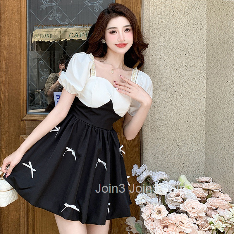 Summer New Womens French Beaded Black and White Fashion Slim Bow Tie High Waist Short Sleeve Dress Short Skirt