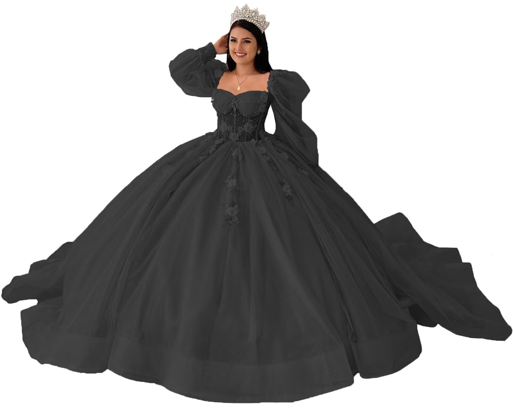 Ball Gown Quinceanera Dresses Flowers Long Puff Sleeve See-through Crystal Tulle Lace-up Plus Size Sweet 15 16 Princess Birthday Party Gowns Vestidos 