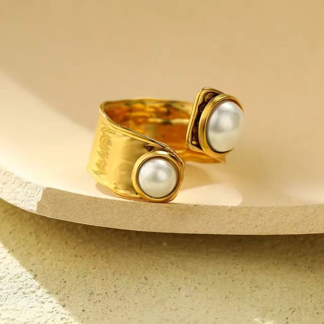 Fashion 18k Gold Plated Stainless Steel Irregular Twisty Open Ring Inlay Pearl Metal Texture Geometric High Quality Charm Jewelry