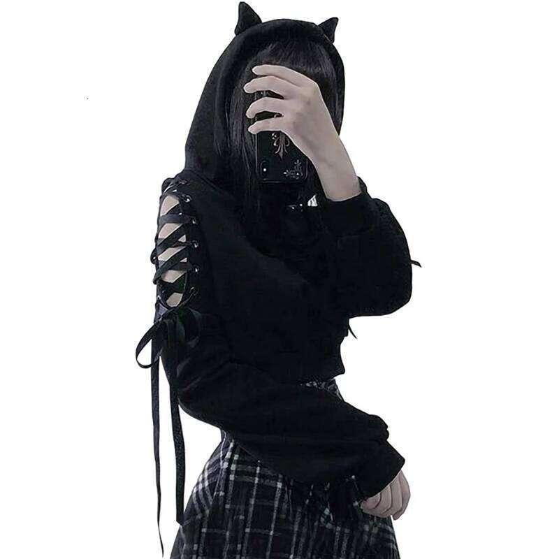 hoodie Y2k Gothic Womens Hoodie Cat Ear Crop Top Hooded Sweatshirt Hollow Out Lace Up Long Sleeve Hodded Casual Pullover Autumn jacket