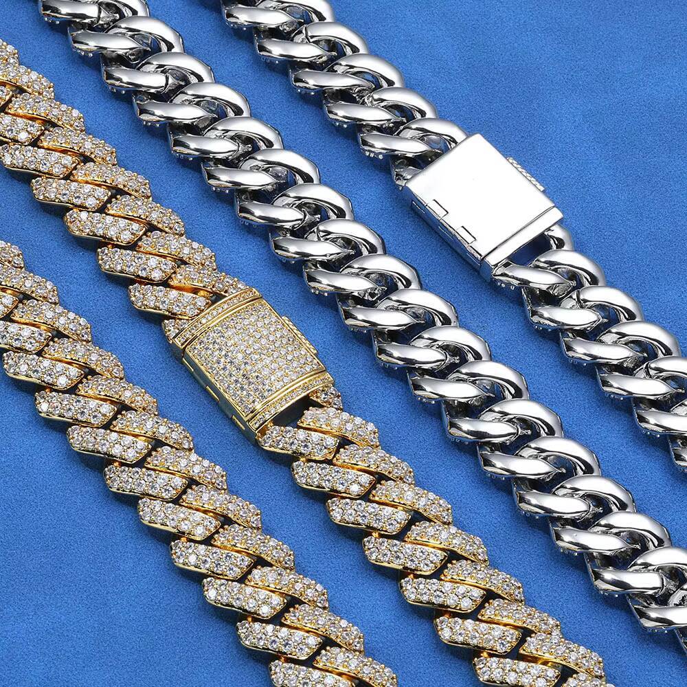 15mm Double Layer Moissanite Cuban Chain Necklace | S925 Sterling Silver Claw Setting Hip Hop Style