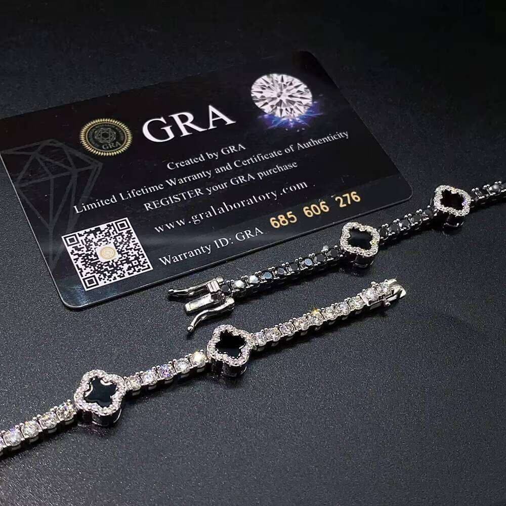 Hot Selling Design Black Clover Chain VVS D Moissanite Sterling Sier Tennis Bracelet 4mm Hip Hop Jewelry