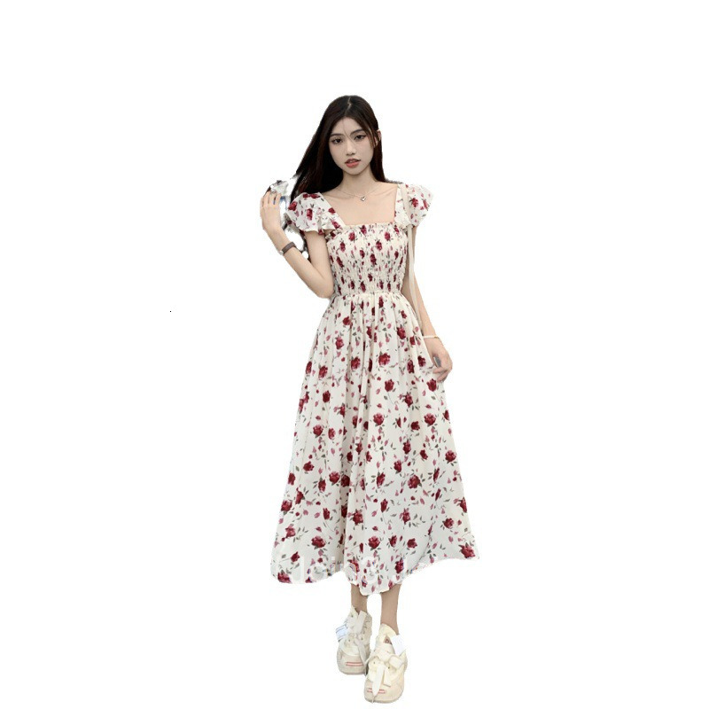 Summer New French Style Elegant Strap Long Dress Vacation Waist-Cinching Floral Print Small Flutter Sleeve Dress