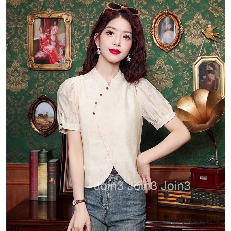 Summer New National Style Design Sense Elegant V-neck Short Sleeve Shirt Womens Blouse T-shirt with Pants