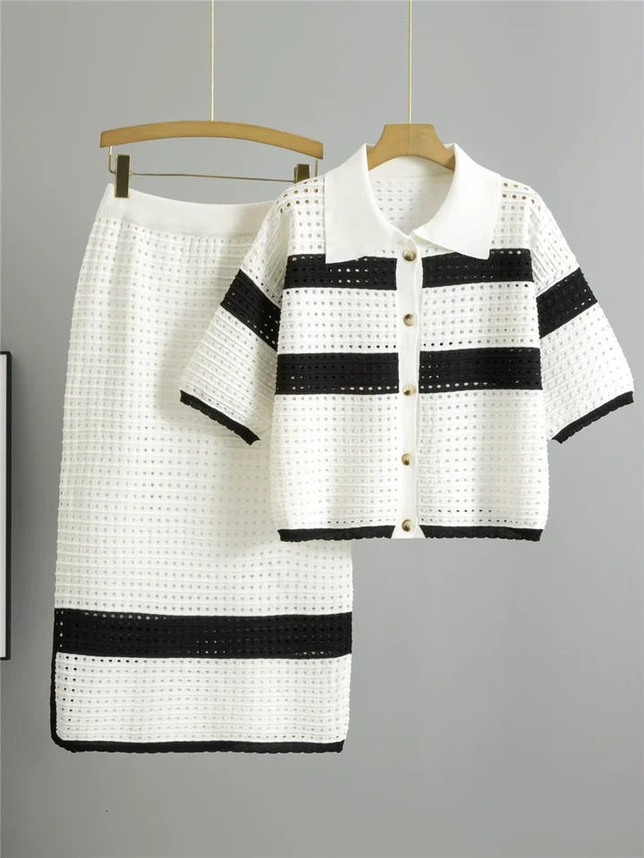 Hollow Out n 2 Piece Sets Women Lapel Neck Knitted Short Sleeve Tops Cardigan High Waist Straight Skirts Outfit 250729