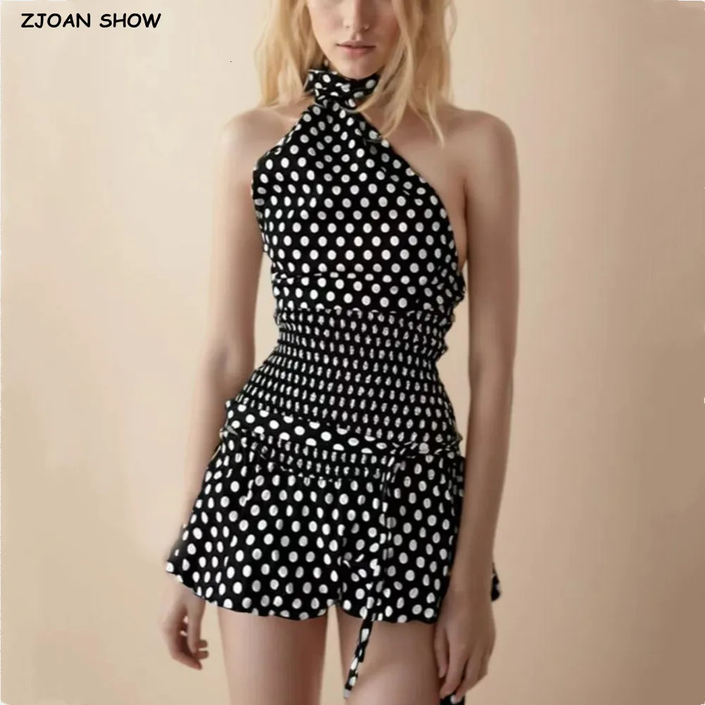 Sexy Black White Polka Dot Halter Tank Top Tie Bow Sashes Elastic Waist Ruched Ball Gown BUD Mini Skirt 2 Pieces 1 Set 250729
