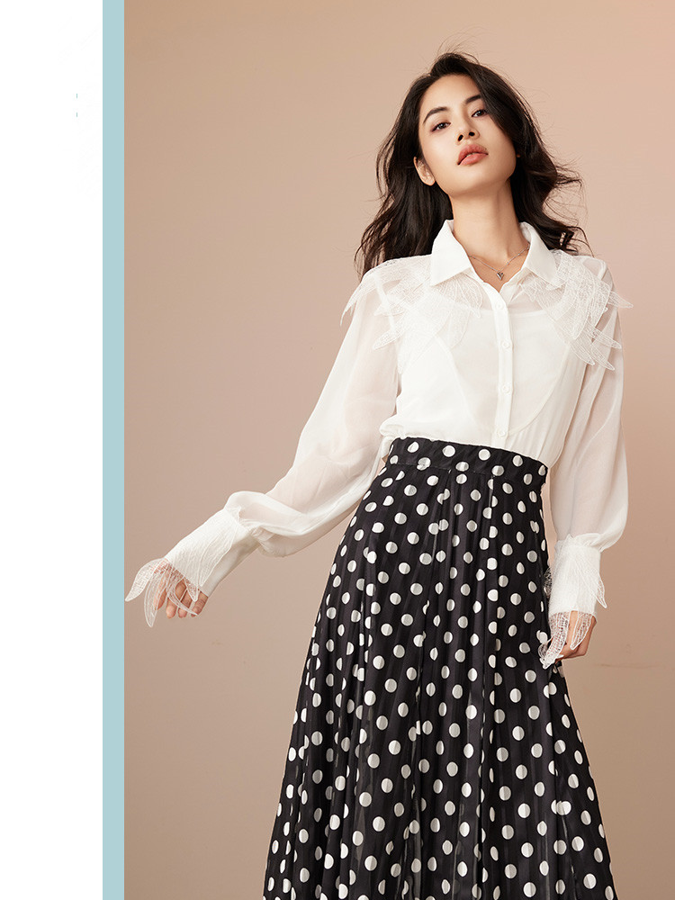 Womens Elegant White Tops and Blouses Dressy Casual Lace Stitching Top Versatile Fashion White Shirts Female 6112598