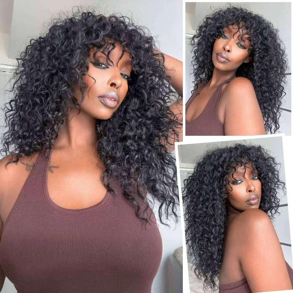 Brazilian Kinky Curly With Bangs Full hine Made Wigs Cheap Remy Human Hair Culry Glueless Wig For Women