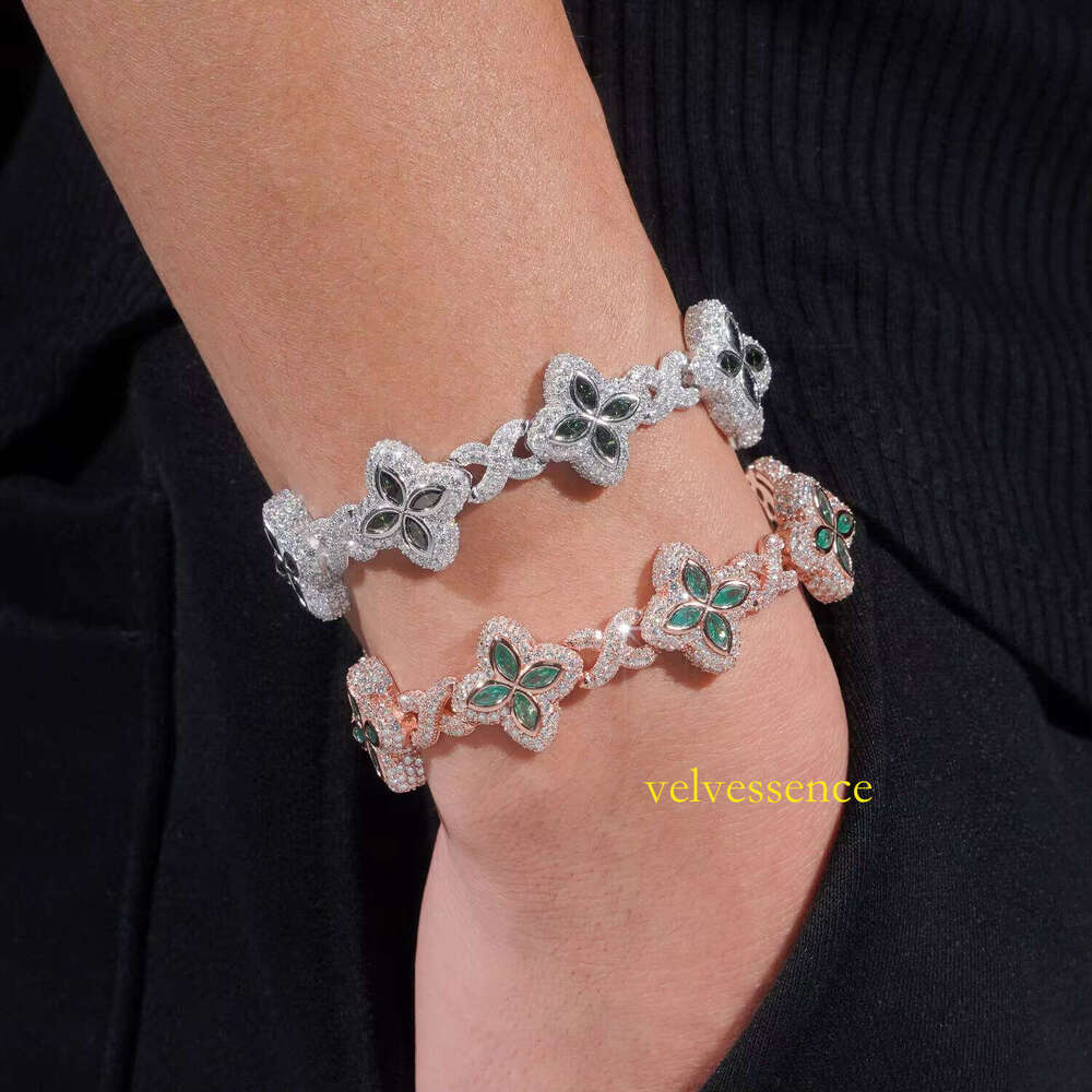 New 15mm Marquise Flower Design Hip Hop Jewelry Iced Out Unisex Cuban Link Chain Sier Moissanite Bracelet