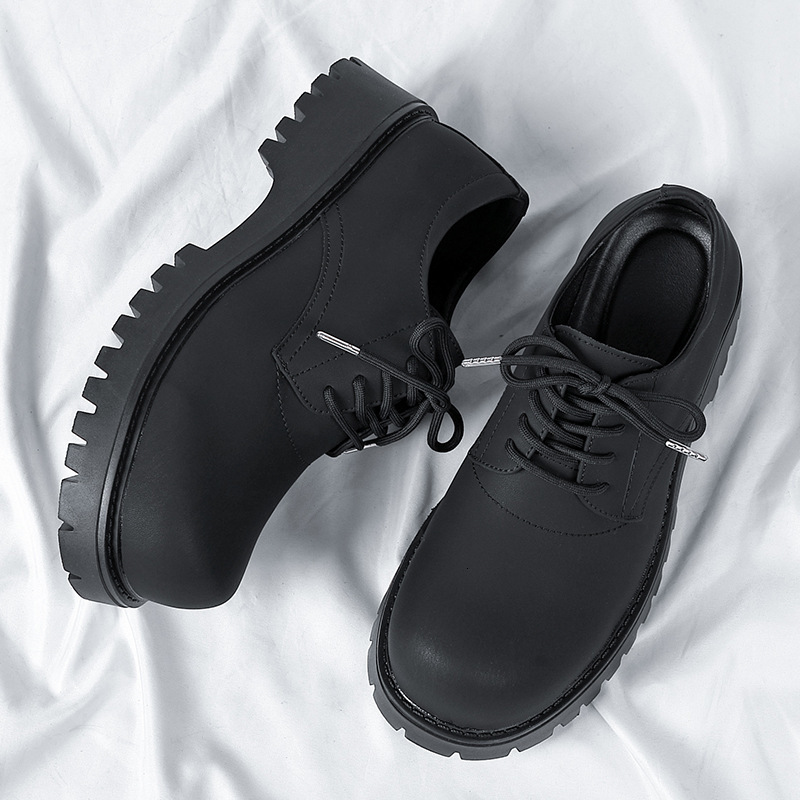 Derby Men's Black Matte Large Leather 2023 New Autumn Winter Thick Sole Trendy Shoes 1026