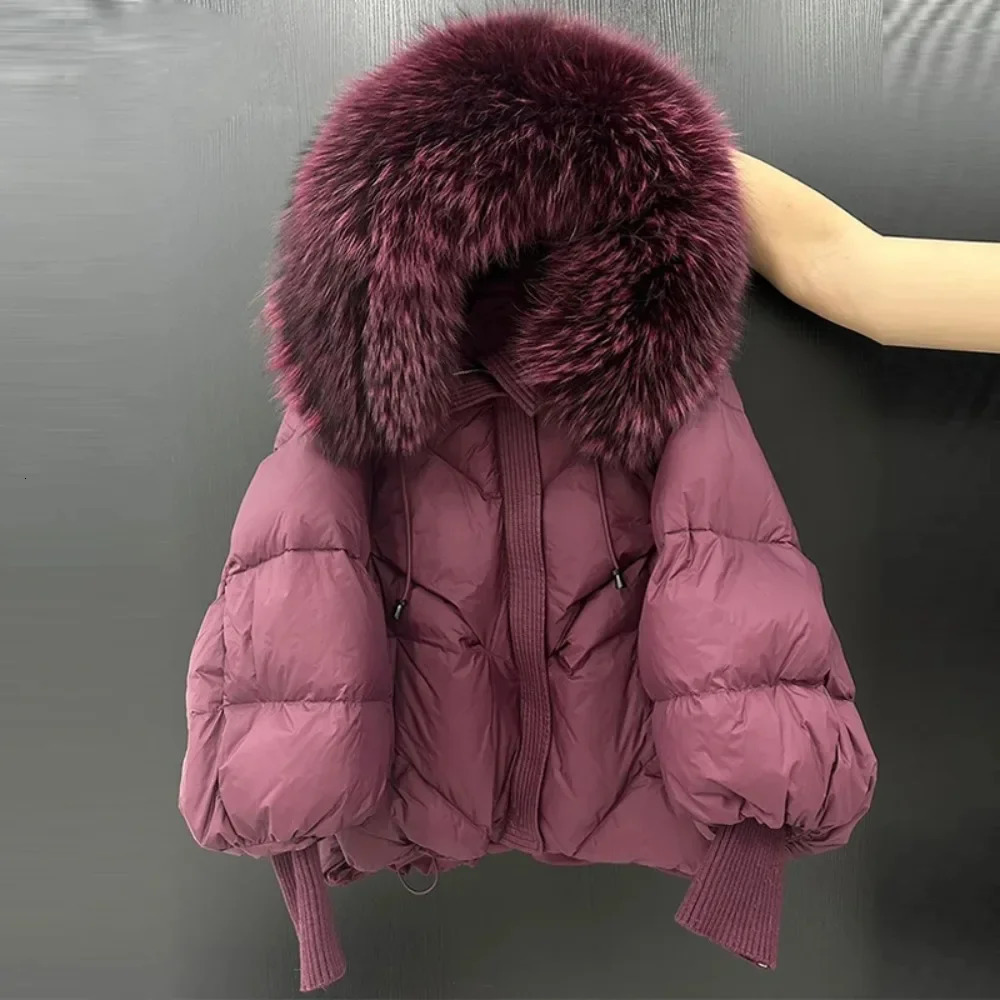 Coat Women Winter Jacket Large Fur Hooded Puffer Jacket Women Thick Warm Knitted Sleeve Coat White Duck Down Mid Parka 250723