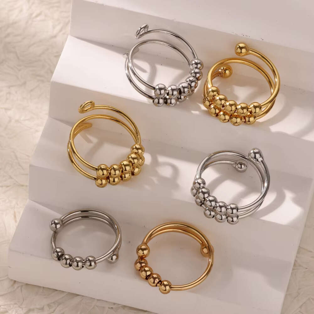 Stainless Steel Gold Multi-layer Adjustable Open Decompression Bead Anxiety Ring