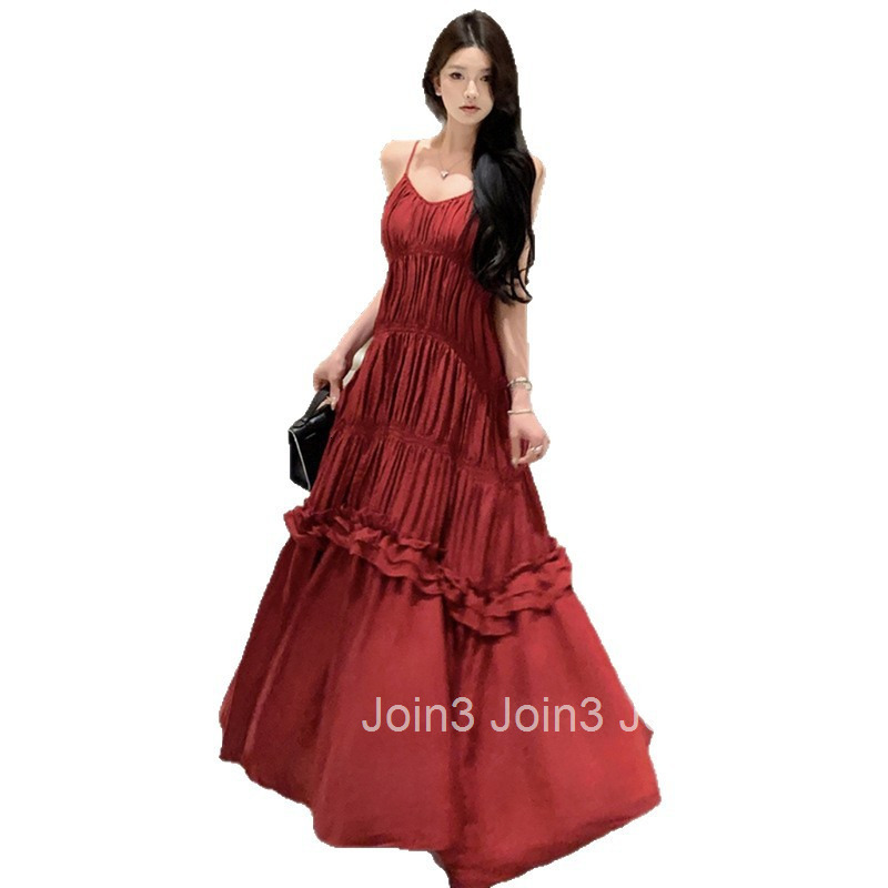 2025 Summer New Fashion Socialite Vacation Sexy Ruffled Lace Strap Flared Dress Long Dress for Women