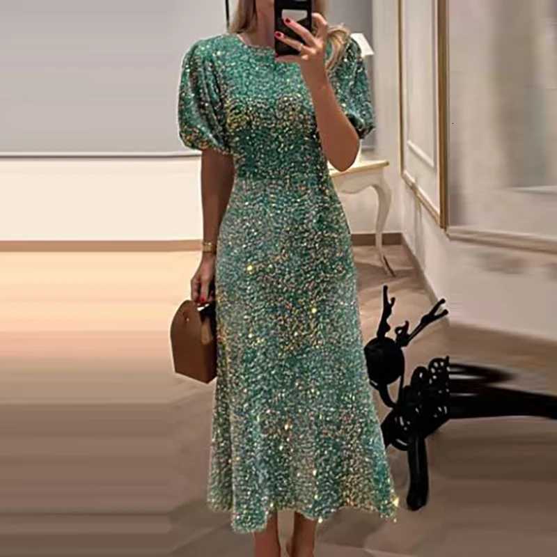 2024 New Lady Temperament Slim Banquet Dress Fashion Shiny Sequin Long Dress Casual O-neck Short Sleeve High Waist Dress for Women Z250728